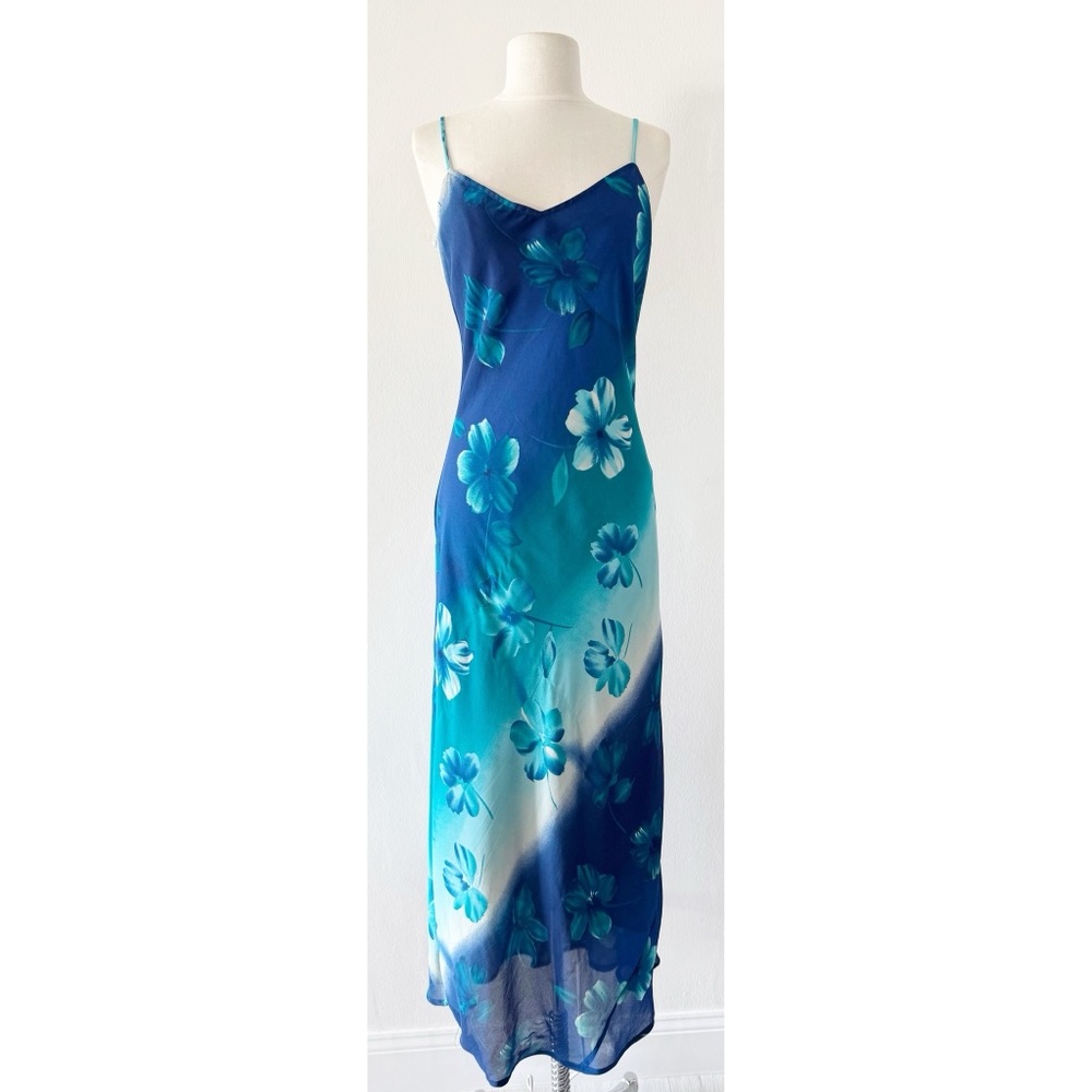 Vintage 90s City Triangles Blue Tropical Hawaiian Hibiscus Floral Maxi Dress 9